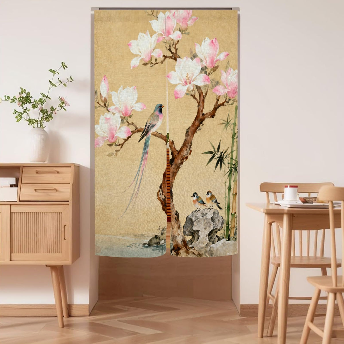 Noren Doorway Curtain Flower Bird Door Curtains 33.5x59inch (Beige Pink / 33.5"W x 59"L (Pack of 1))