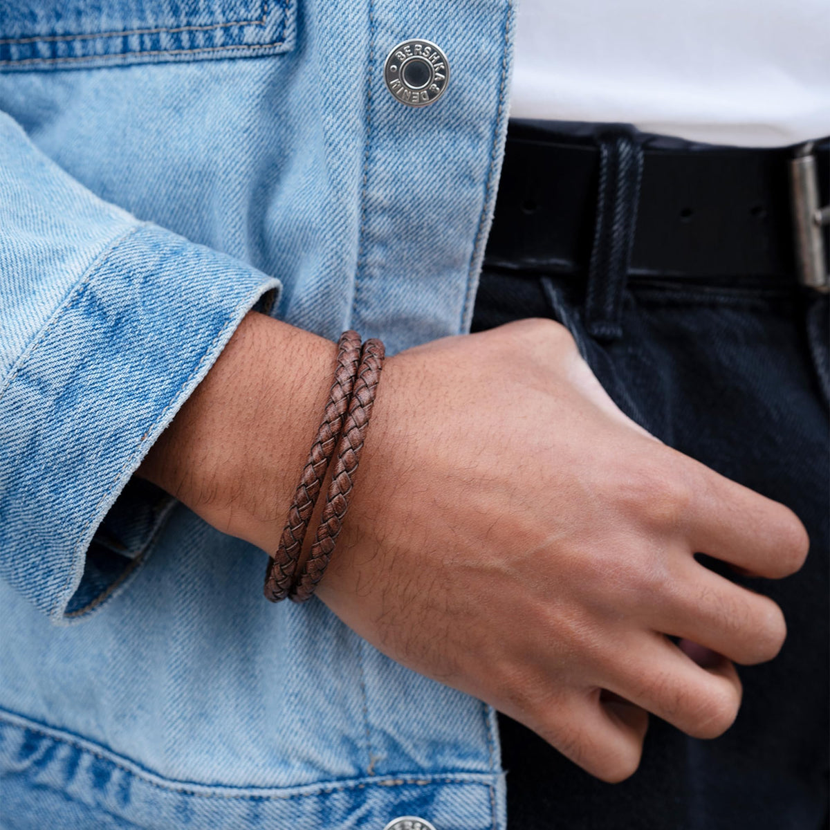 Brown Leather Bracelet for Men (Small / Double Braided)