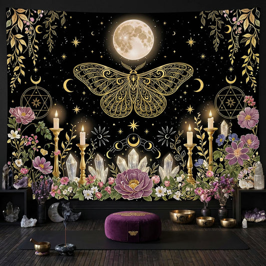 Tapestry Gold Moth Crystal Floral Tapestries Celestial Mystical Tapestries Elegant Black Wall Tapestry Bedroom Dormitory Living Room Decoration 90"x70" (Black GoldenA / 90"L x 70"W)