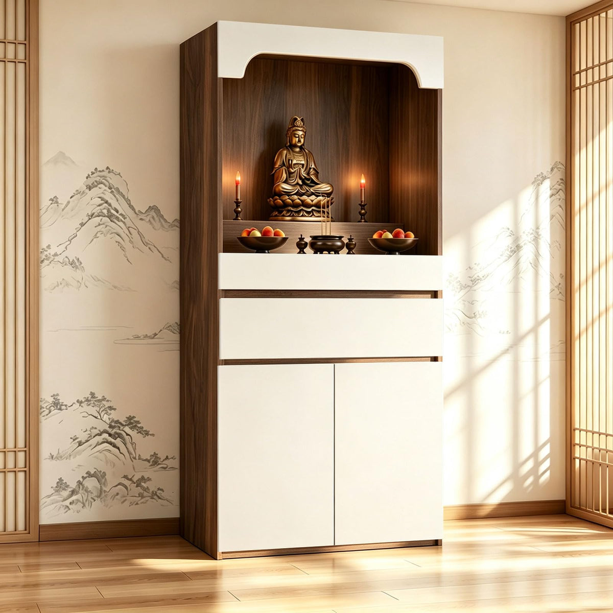 Altar Table Pooja Cabinet with Drawers and Storage Cabinets (35.4×15.7×65.4in / Beige+dark Brown Wood Tone)