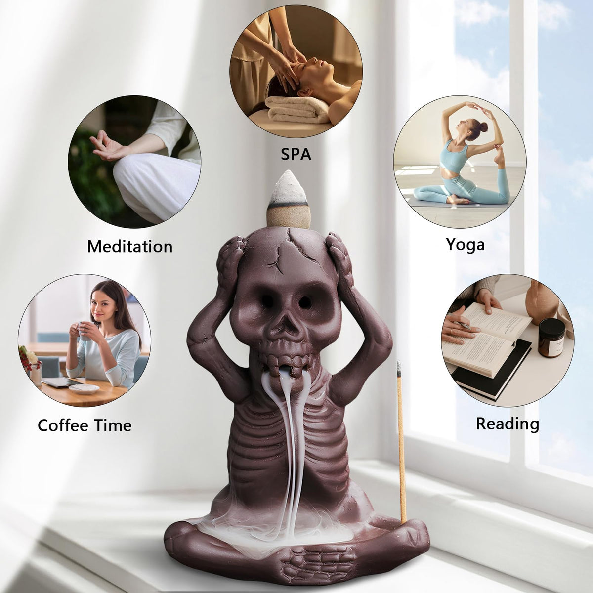 Skull Decor Incense Holder Stick Reverse Flow Waterfall Burner (Don't Listen)