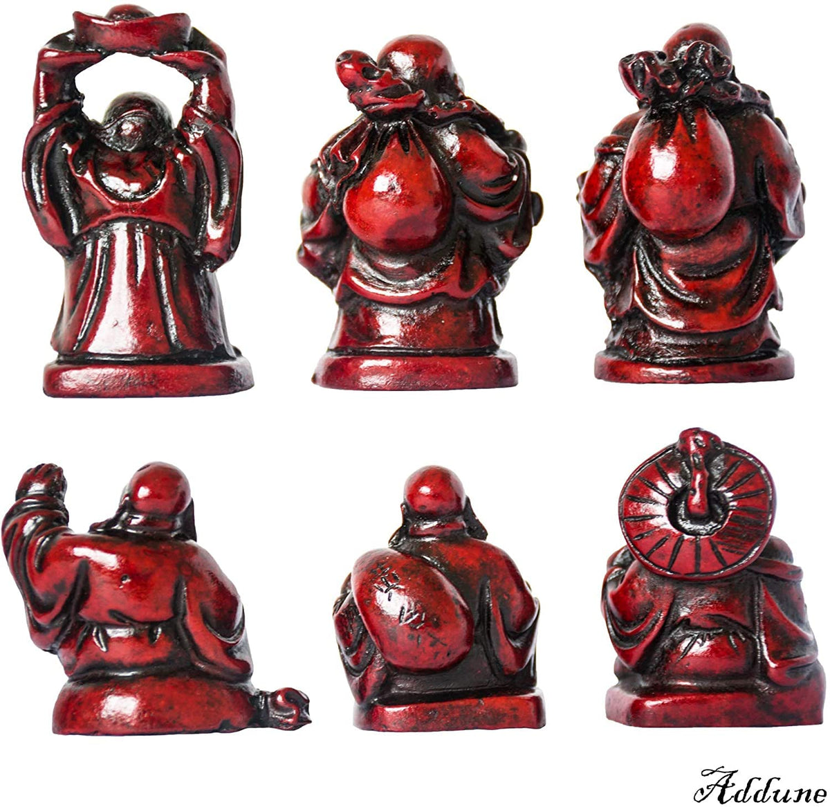 Set of 6 Laughing Happy Buddha Statue Resin Figurines Feng Shui for Luck Wealth Good Gift and Collection (Dark Red / 2'')