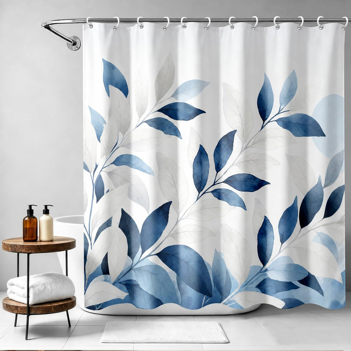Watercolor Blue White Leaves Shower Curtain Botanical Indigo Sky Blue Vines Minimalist Boho Modern Nature Aesthetics Bathroom Decor Bathtub Curtain Fabric Shower Curtain Set with 12 Hooks (Blue White - Leaf / 72"W x 72"L (Pack of 1))