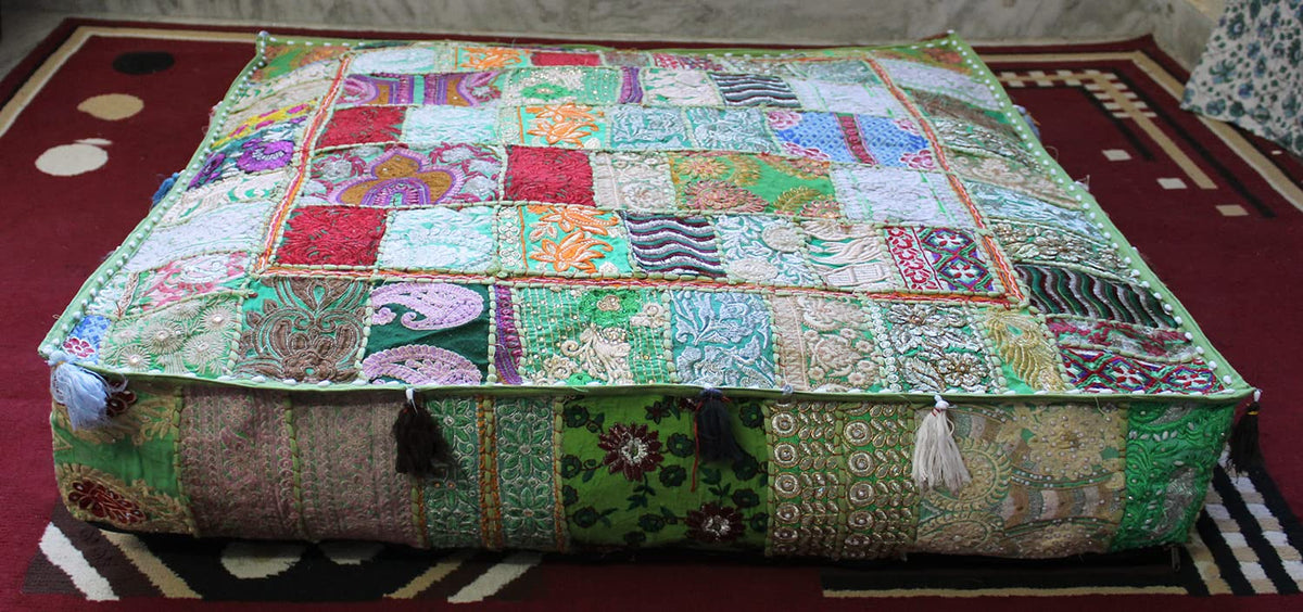 Indian Square Patchwork Traditional Pouf Cover Indian Living Room Poufs Decorative Embroidered Designer Ottoman Home Footstool Chair Cover Decor Pillow Cover 35 inches (35"D x 35"W x 5"H / Light Green)