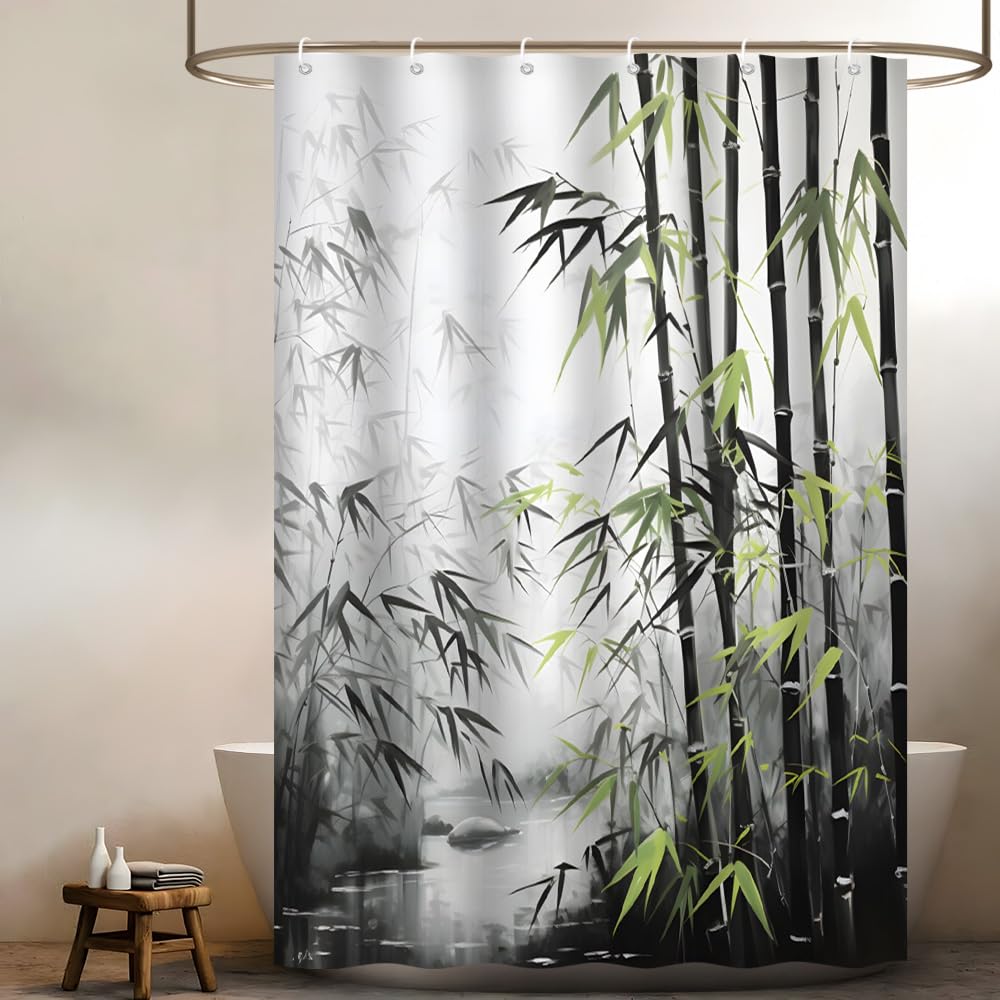 Bamboo Shower Curtain Retro Bamboo Forest Green Grey Leaf River Vintage Asian Japanese Ink Painting Spa Fabric Bathroom Decor Curtains with Hooks (Green Black / 47"W x 70"L (Pack of 1))