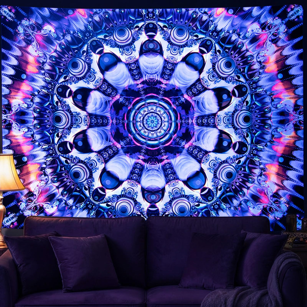 Blacklight Mandala Tapestry for Bedroom (Mandala Tapestry Blue / 51"L x 59"W)