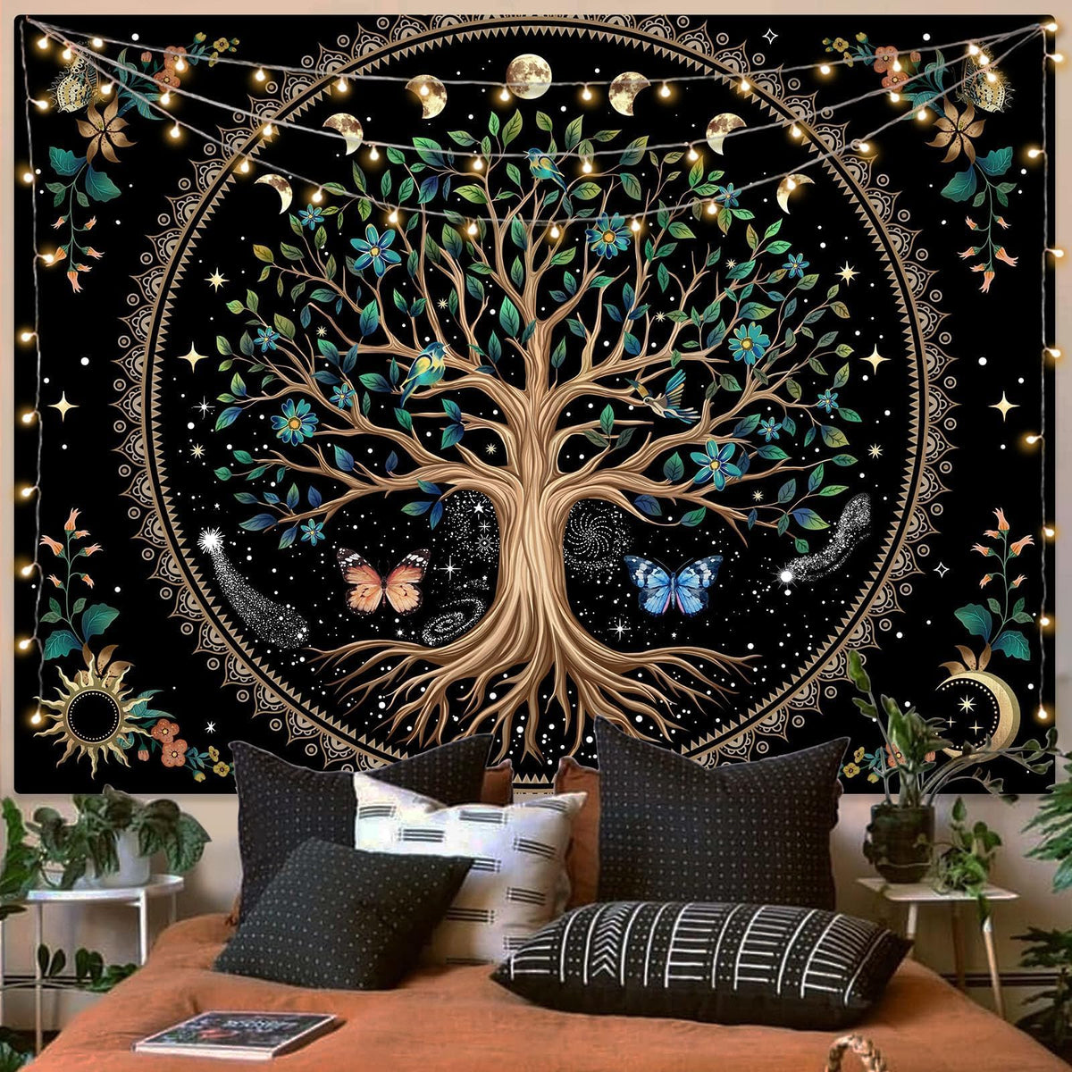 Tree of Life Tapastry Sun and Moon Tapastry Flower Boho Tree Mandala Wall Hanging for Bedroom and Living Room Decor Green Tree 70×90 Inches (90"L x 70"W / Light Green)