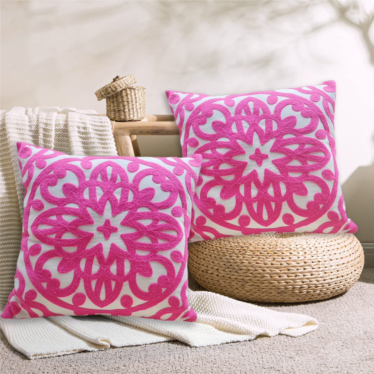 Boho Embroidered Throw Pillow Cover 18"x18" Set of 2 (Vivid Hot Pink / 18" x 18" (Pack of 2))