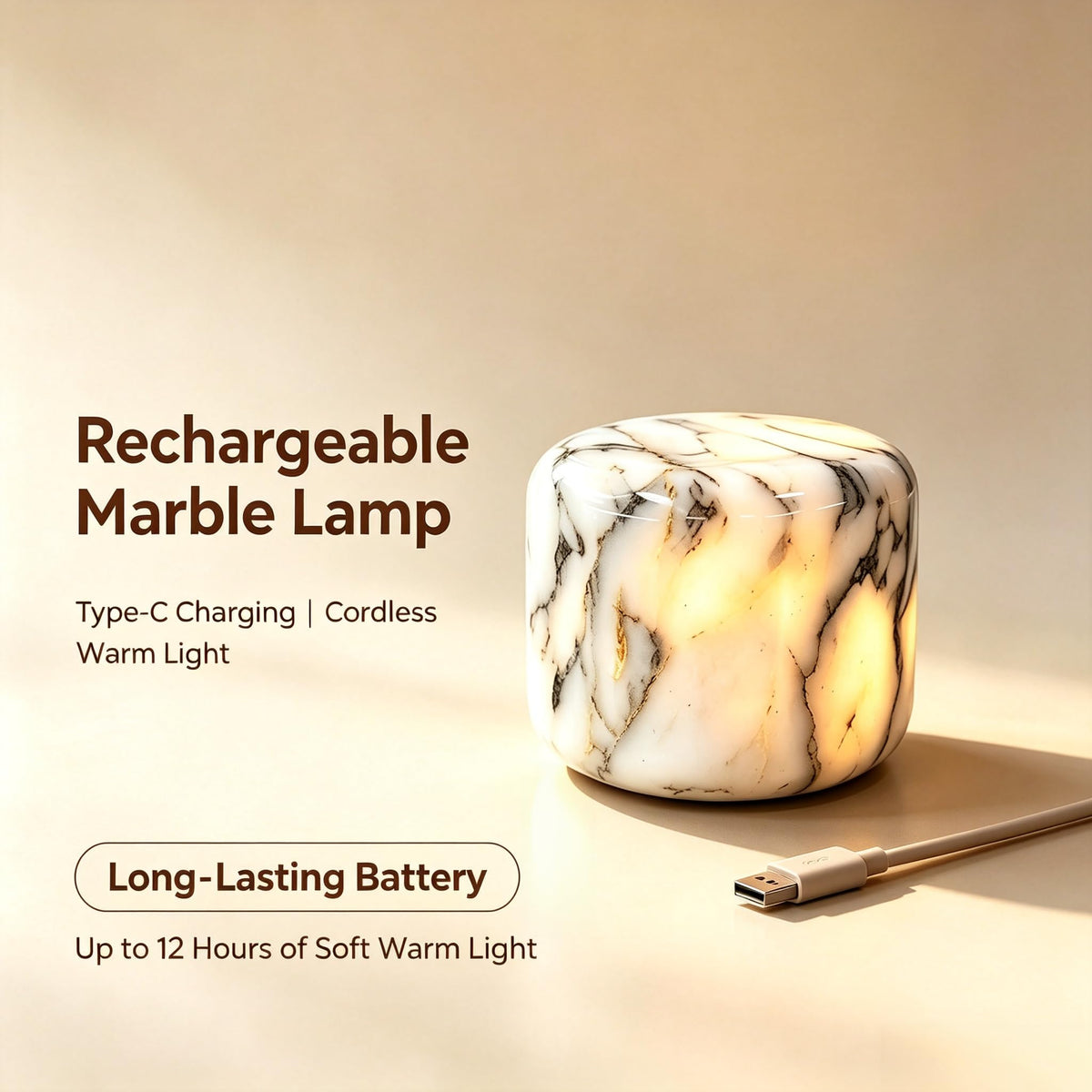 Natural Marble Lamp Cordless Touch Control Night Light 3 (Gold Calacatta)