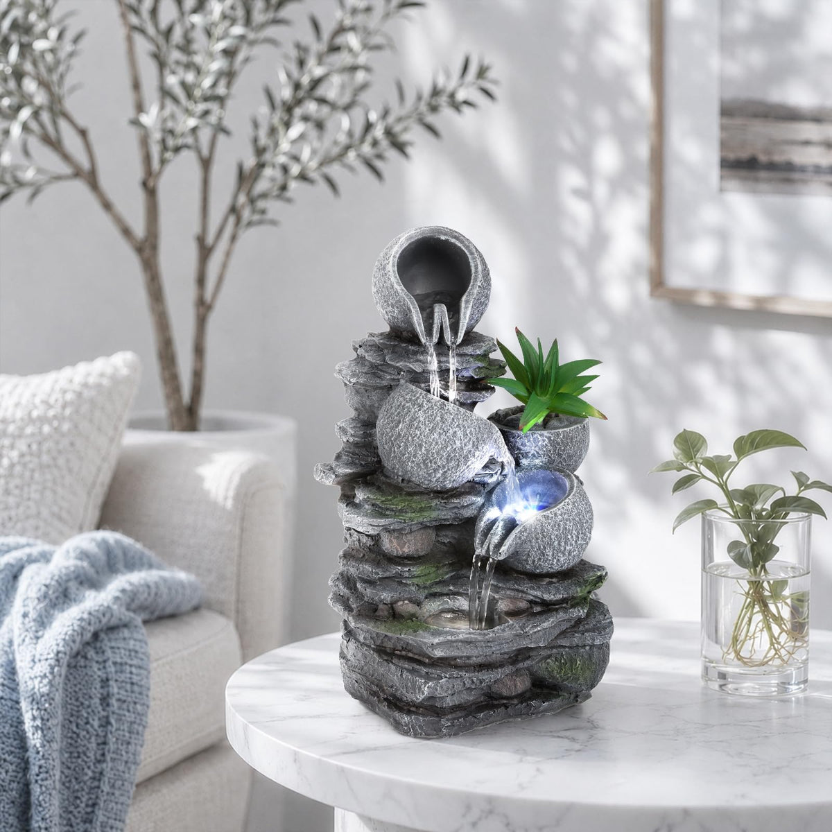 Indoor Fountain Tabletop Water Fountain Indoor Waterfall Fountains Stacked Rocks Water Feature Feng Shui Zen Meditation Relaxation Desktop Fountain for Home and Office Indoor Spaces Decor (Style 10)