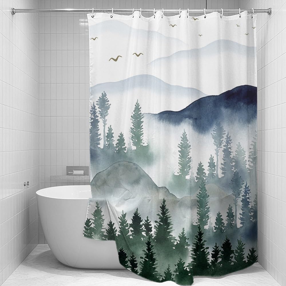 Green Forest Shower Curtain Mountain Birds Misty Pine Forest Scenery Shower Curtain Waterproof Fabric for Bathroom Decor (72"W x 78"L (Pack of 1) / Green06)