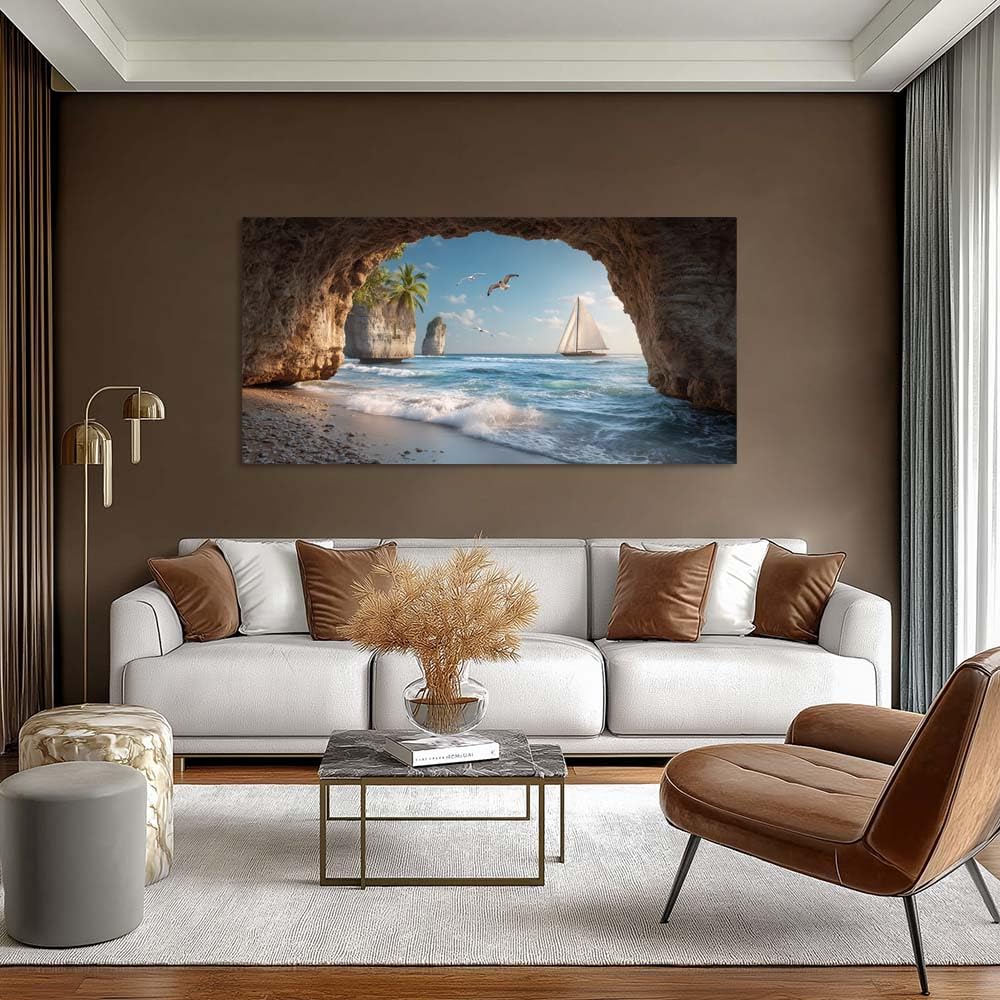 Scenic Ocean Cave View Canvas Wall Art Coastal Sailboat Tropical Island Beach Landscape Painting Gallery Wrapped Relaxing Nature Print Artwork for Living Room Bedroom Bathroom Decor (Coastal / Beach Cave Sailboat 34 / 58"L x 28"W)