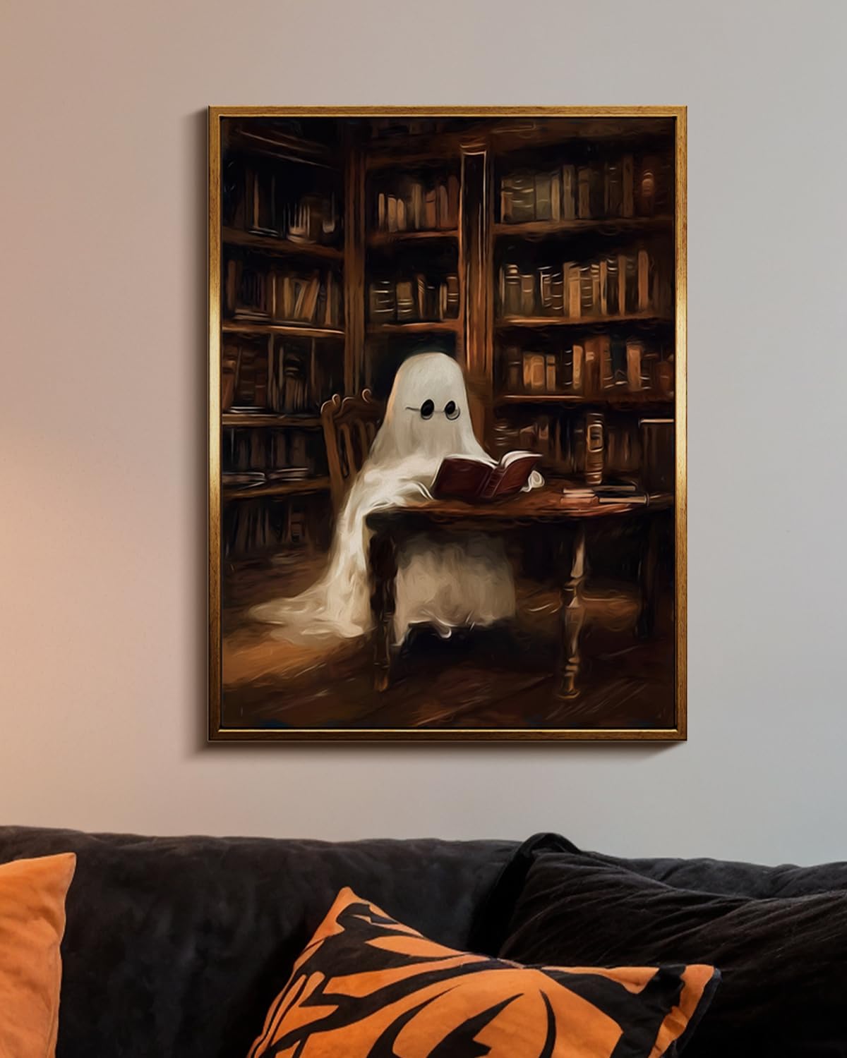 Vintage Halloween Spooky Ghost Reading Books Artwork (Read / 16"L x 12"W)