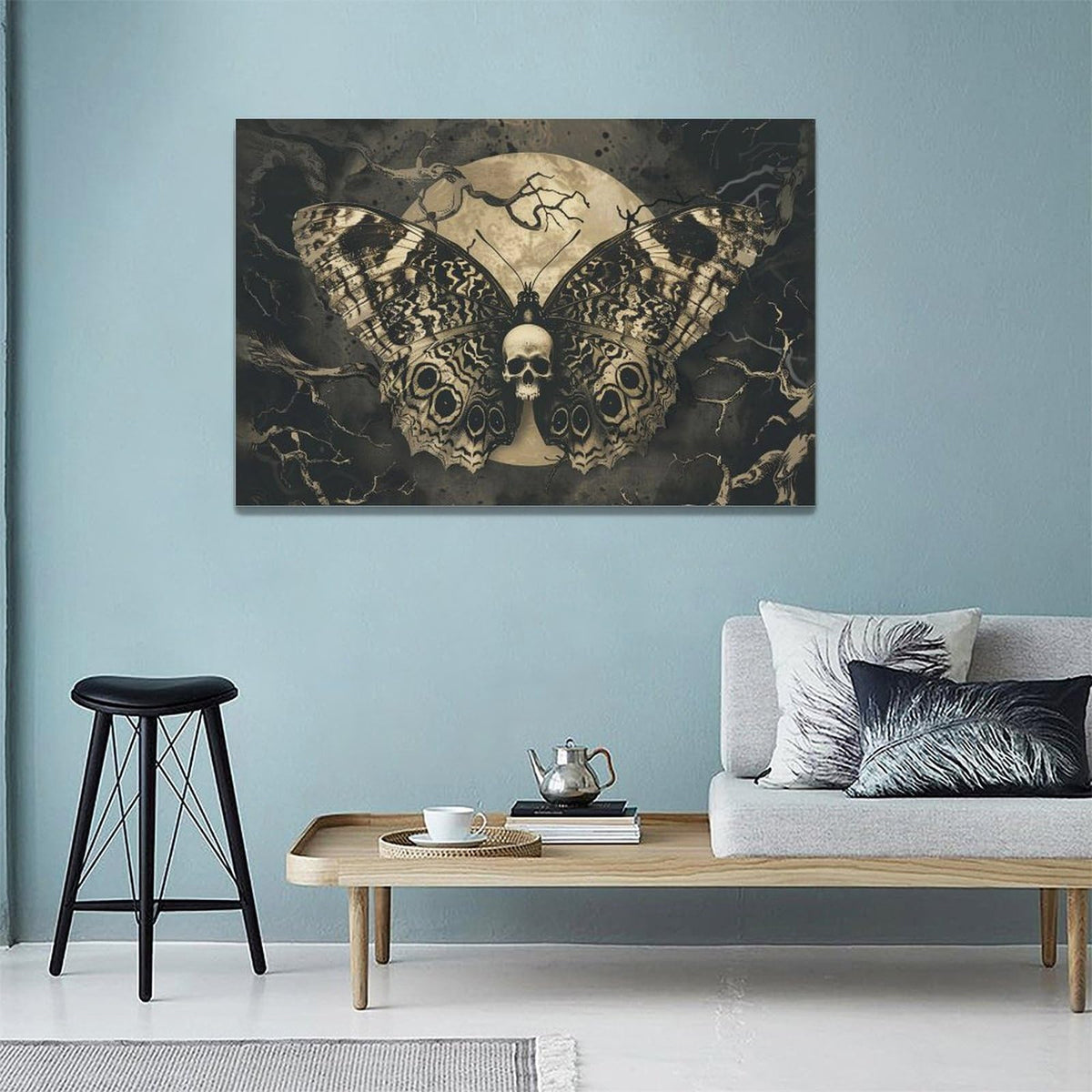 Gothic Skull Wall Art Spooky Skeleton Butterfly Pictures Decor Goth Moon Horror Canvas Painting Home Artwork Decorations for Halloween Bathroom Living Room Bedroom 24x16 inch (24L" x 16W" / Skull Butterfly)