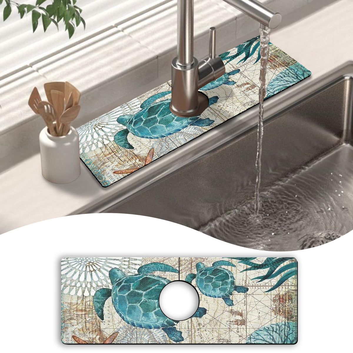 Kitchen Sink Splash Guard Faucet Mat 15" X 5.5" Sea Turtle Absorbent Fast Drying Mat Faucet Draining Mat Sink Splash Guard Behind Faucet Drip Catcher for Kitchen Bathroom (15*5.5in / Turtle)