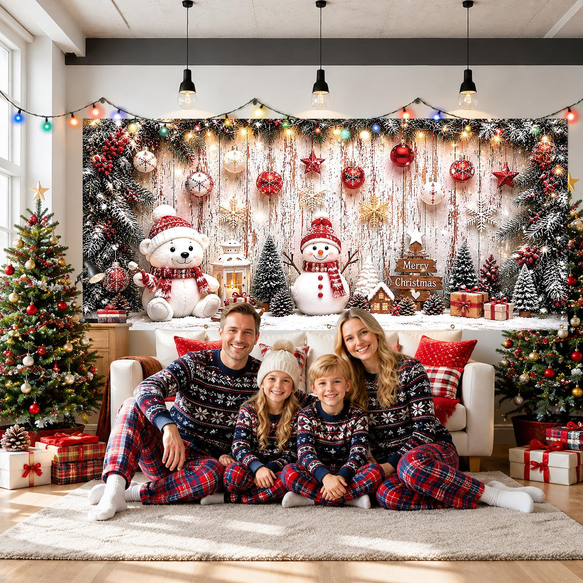Christmas Garage Door Cover Bear & Snowman Party Backdrop 6x13FT (Christmas Background)