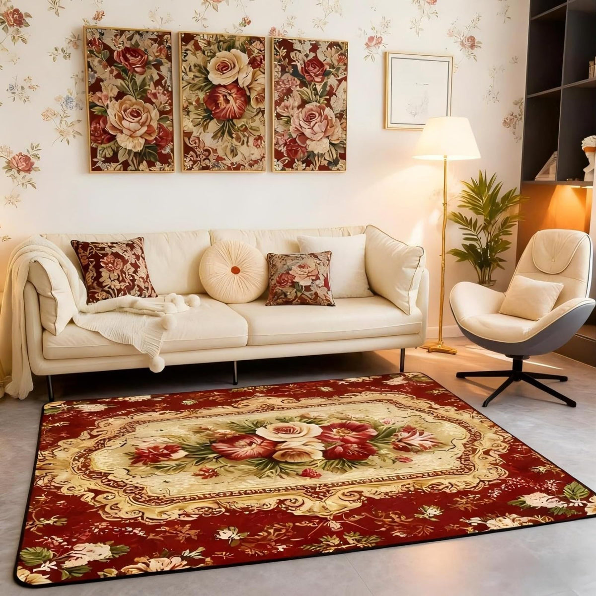 Elegant Red Floral Large Area Rug 5x7 Gold Geometric Living Room Rug (Red Gold / 4'11" x 6'6" (Rectangular))