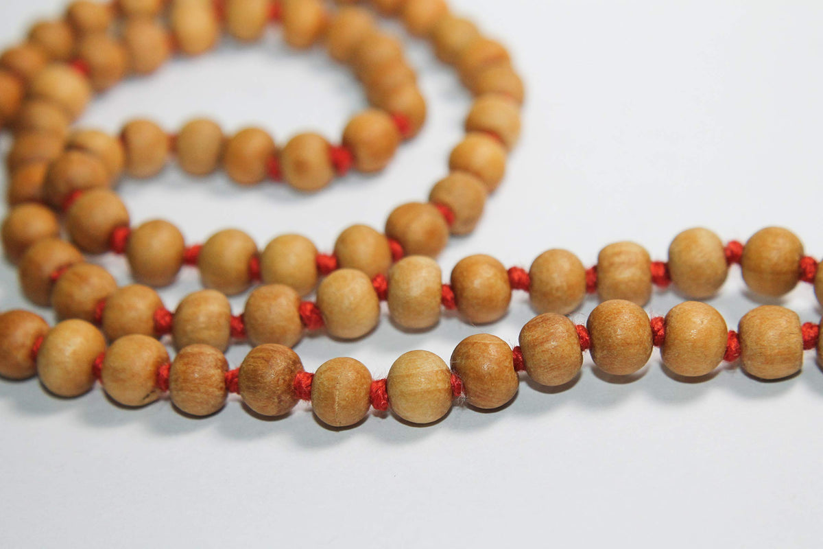 8MM TULSI HOLY BASIL PRAYER BEADS JAPA MALA NECKLACE HAND KNOTTED. KARMA (RED TESSEL)