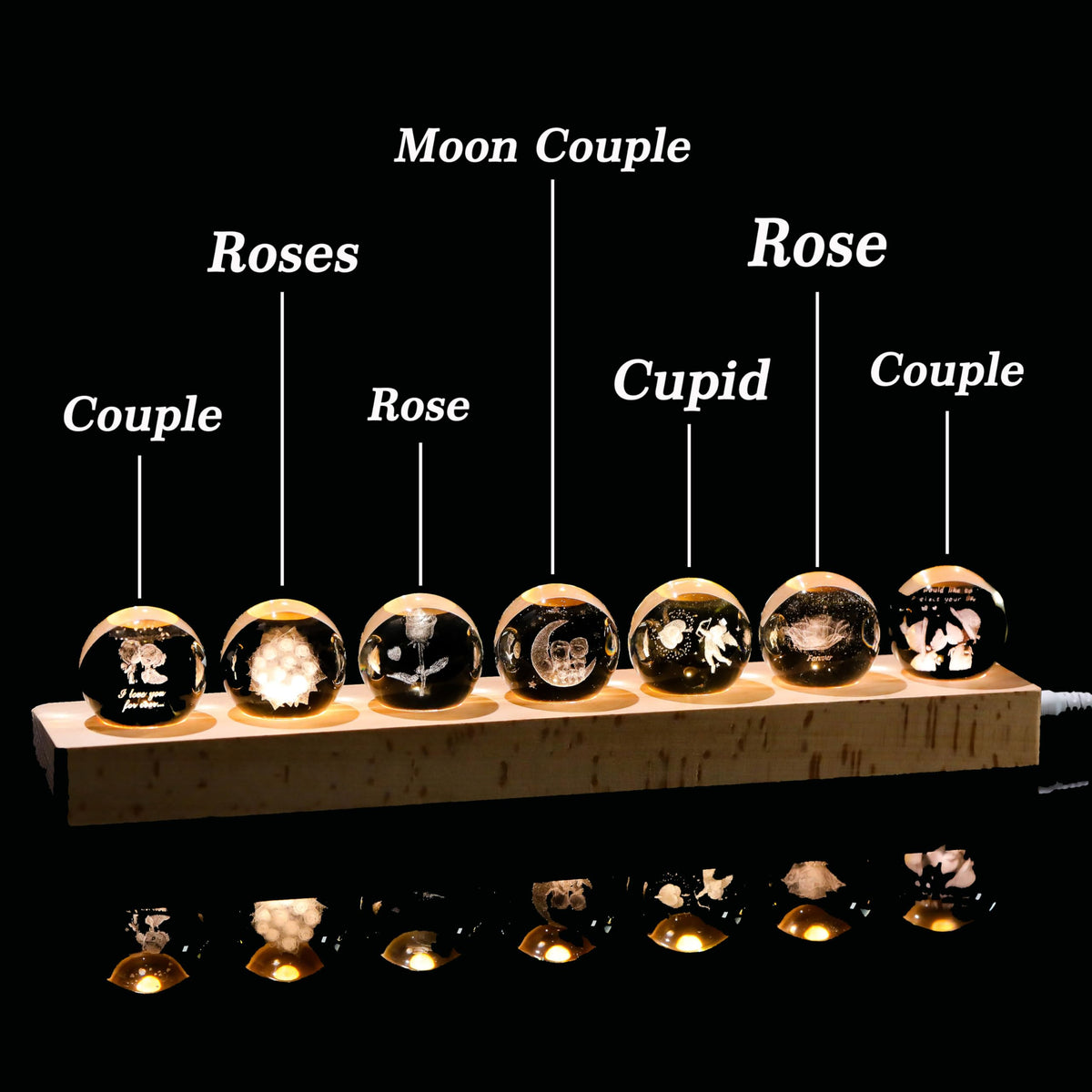 3D Crystal Ball Lovers Crystal Lamp with Led Base (7pcs I Love You)