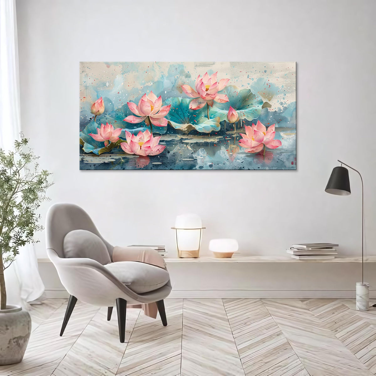 1Pcs Pink Lotus Flowers Canvas Prints Wall Art Green Leaves and Blooming Water Lilies Framed Wall Decor Ready to Hang Nature (Pink Lotus-One Piece / 40"L x 20"W)