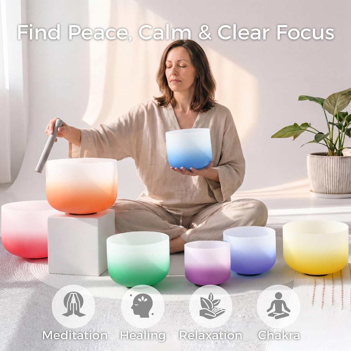 432hz 7 12 inch Quartz Crystal Singing Bowl Set of 7 (7"-12" / Gradient Color)
