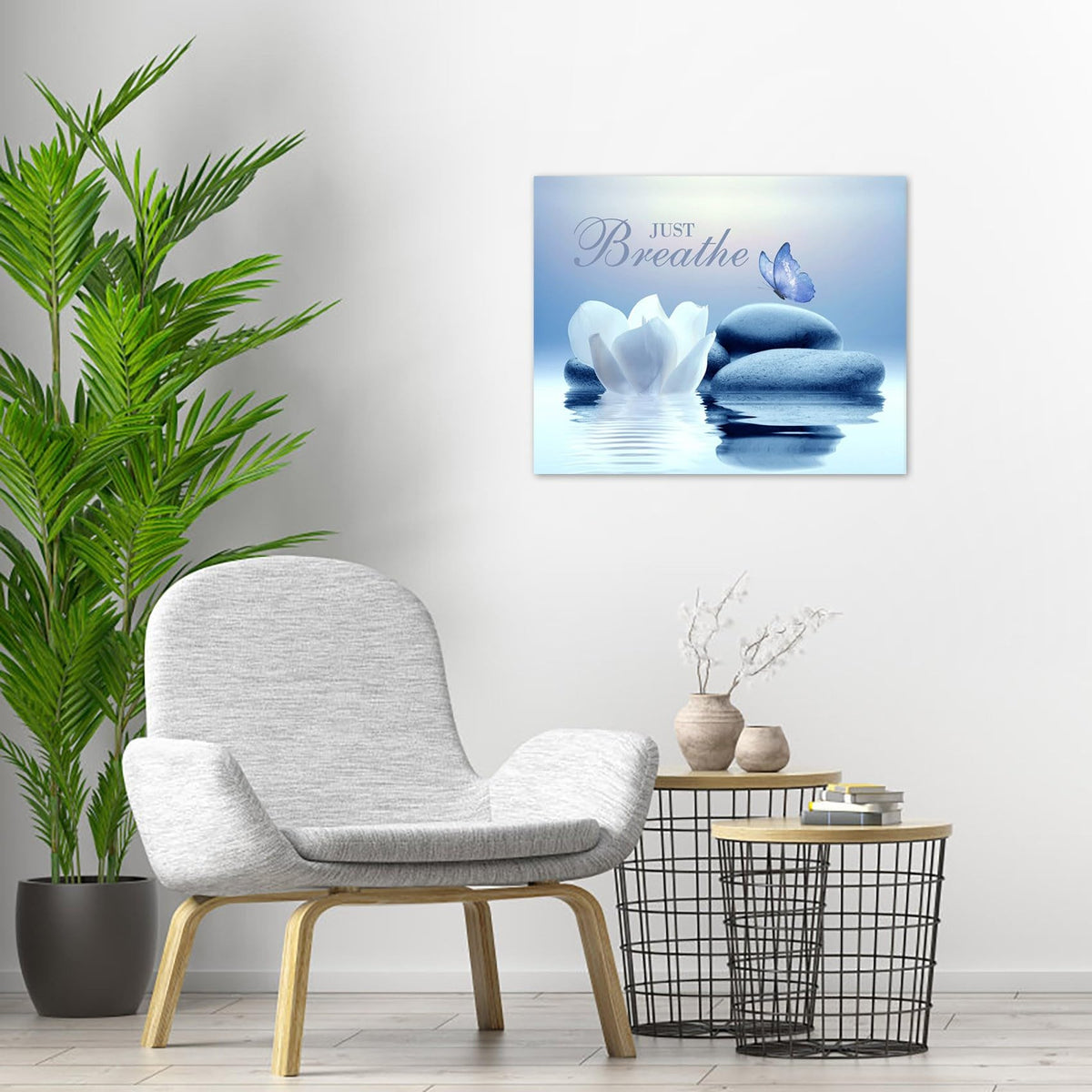 Zen Canvas Wall Art Bathroom Blue Butterfly and Floral Stone Relaxing Just Breathe Framed Wall Art Yoga Spa Office Calming Pictures Canvas Wall Decor for Living Room Bedroom (12"L x 16"W / Blue)