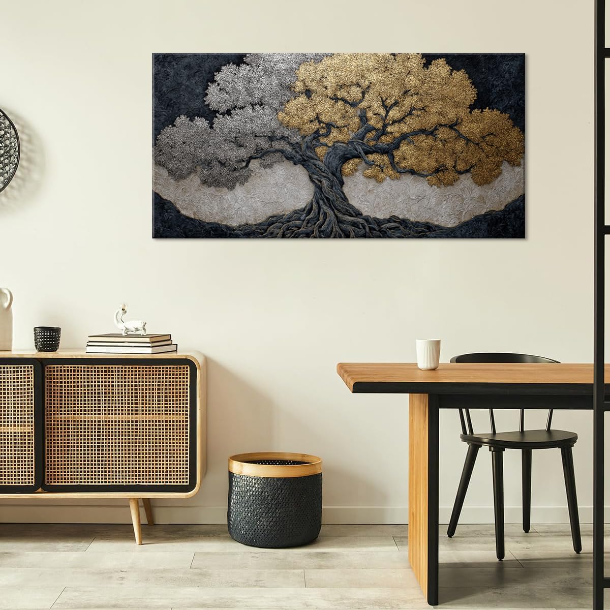 Gold Tree Wall Art for Living Room Office Symbolic dichotomy Metallic Tree of life Painting Prints Modern Abstract Canvas Artwork Dining Bedroom Decor Extra Large (Modern / Silver Gold Tree of life Wall Art / 58L" x 28W")