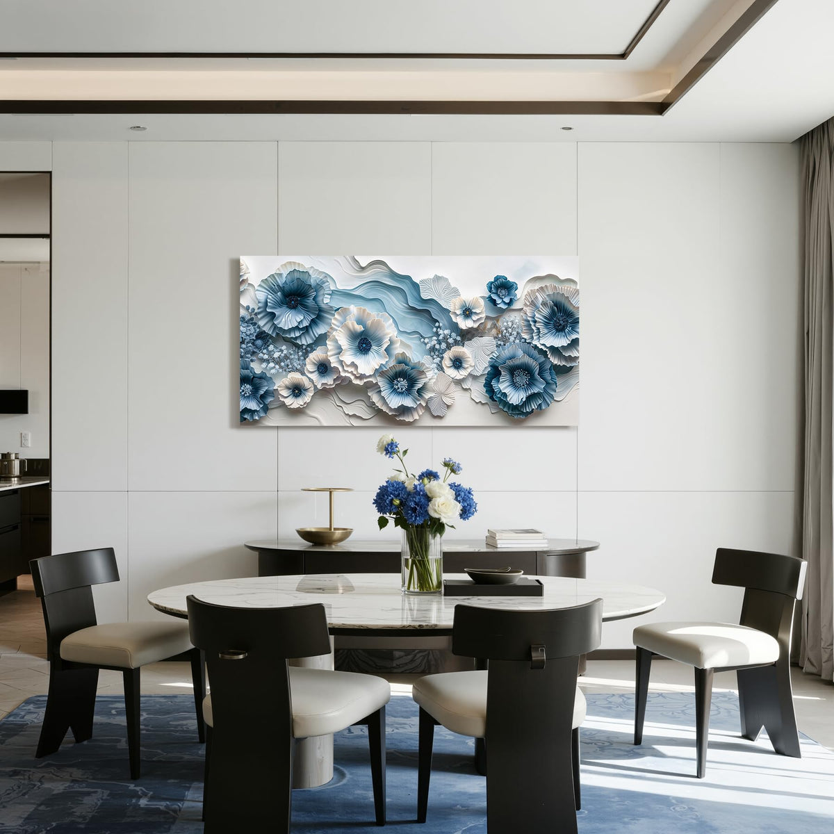 Modern Floral Large Wall Art Flower Nature Decor Blue and White (Blue and White Floral / 40"L x 20"W)