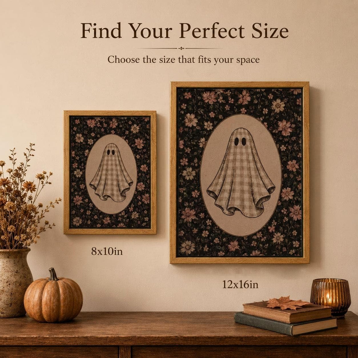 Framed Vintage Gingham Ghost Wall Art Cute Cottagecore Halloween Decor (Gingham Ghost / 10"L x 8"W)
