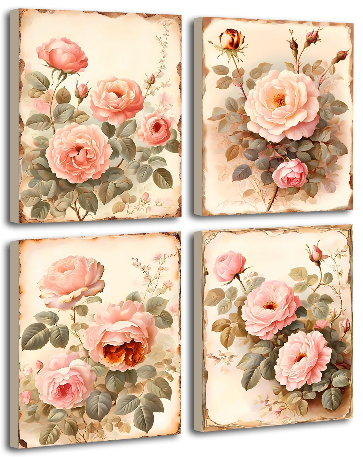 Framed Vintage Flowers Canvas Wall Art Pink Rose Wall Decor (Framed-Vintage Flowers Wall Art)