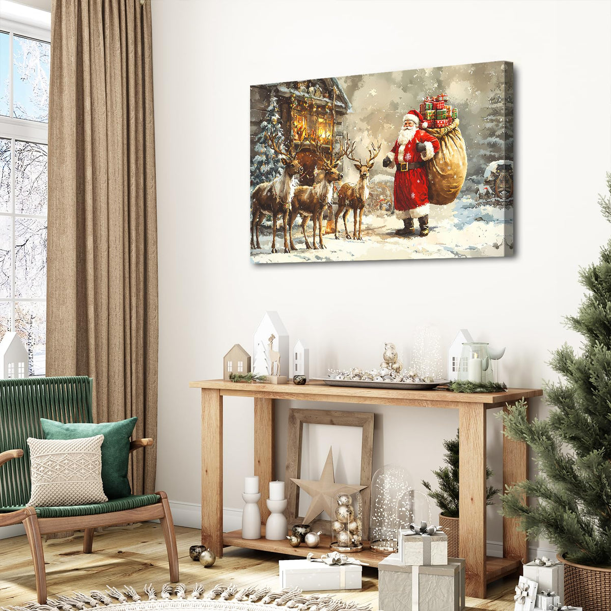 Vintage Christmas Wall Art Rustic Farmhouse Santa Claus Wall Decor Winter Deer Canvas Pictures Christmas Tree Santa and Reindeer Painting Artwork for Living Room Bathroom Home Decorations 24x36" (36"L x 24"W / Santa Claus)