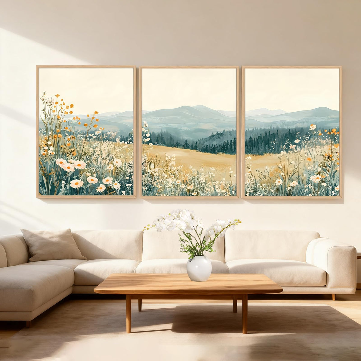 3Pcs Meadow Wildflower Landscape Canvas Wall Art Natural Mountain Prints (Mountain Landscape / 12x16 Inches)