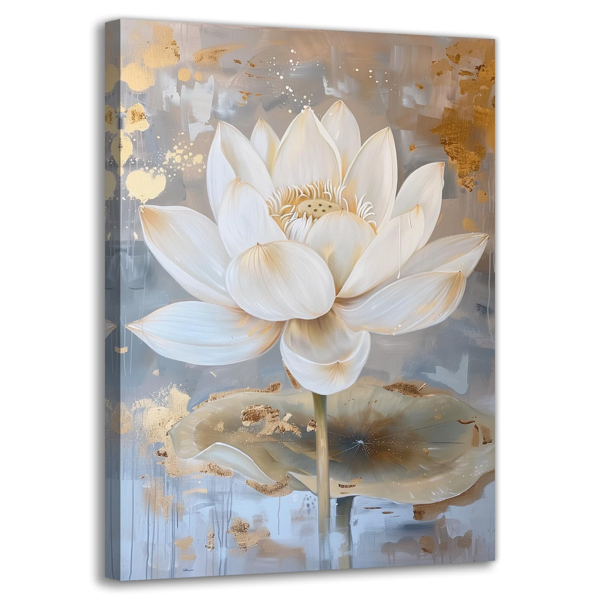 Gold White Lotus Canvas Wall Art Blooming Lotus Flower Painting Print Abstract Zen Floral Poster Artwork for Living Room Bedroom Decor Framed (Artwork-9 / 36"L x 24"W)
