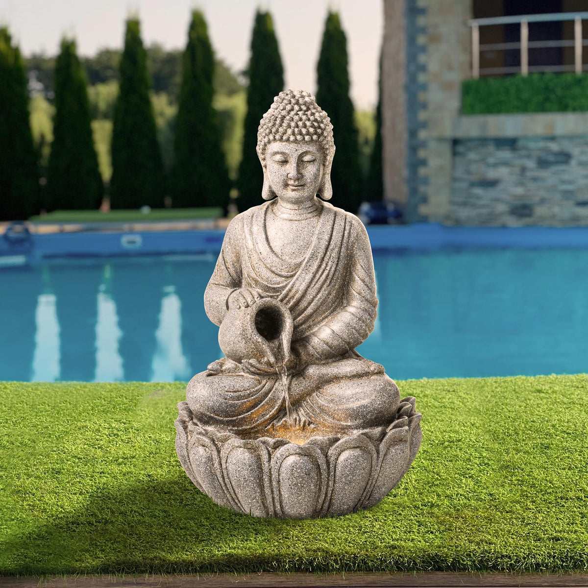 Buddha Fountain Outdoor 20.5" H (Concrete Buddha W/Lotus Basin / 20.5"H)
