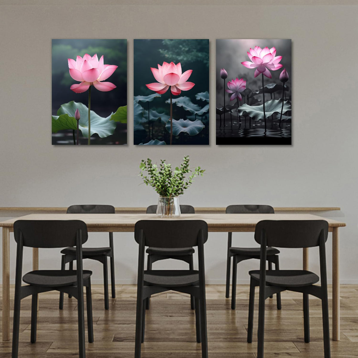 Pink Lotus Canvas Wall Art 3 Pieces Flower with Lotus Leaf in River Pictures Prints Wall Decor Nature Landscape Painting Vintage Artwork for Home Decor (Lotus-5 / 11.00"x14.00"x3P)