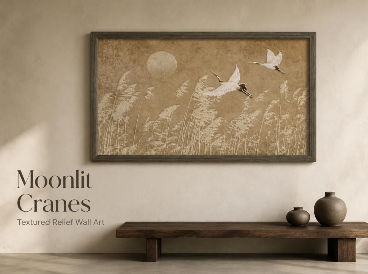 Japandi Flying White Cranes Framed Wall Art Japanese Zen Painting (Crane / 24"L x 12"W)