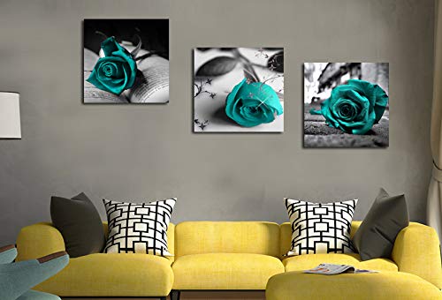 Teal Rose Flowers Canvas Wall Art 12x12 Set of 3 Framed Bathroom Decor (12 inch x 12 inch x 3 panels / Teal Rose Flowers)