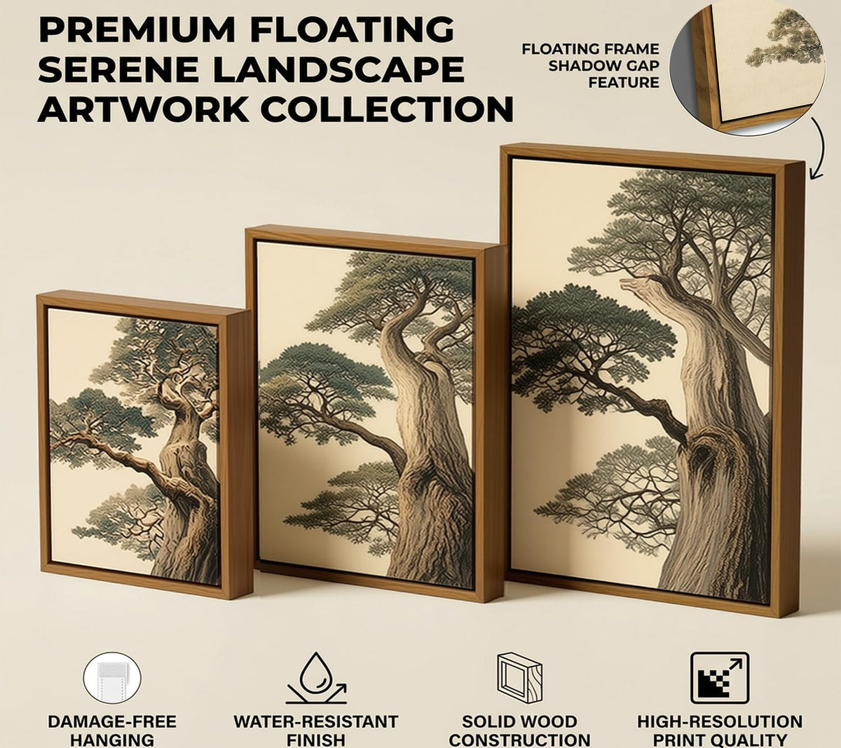 Floating Framed Vintage Japanese Tree Canvas Wall Art (Japanese trees / 10L"x8W")