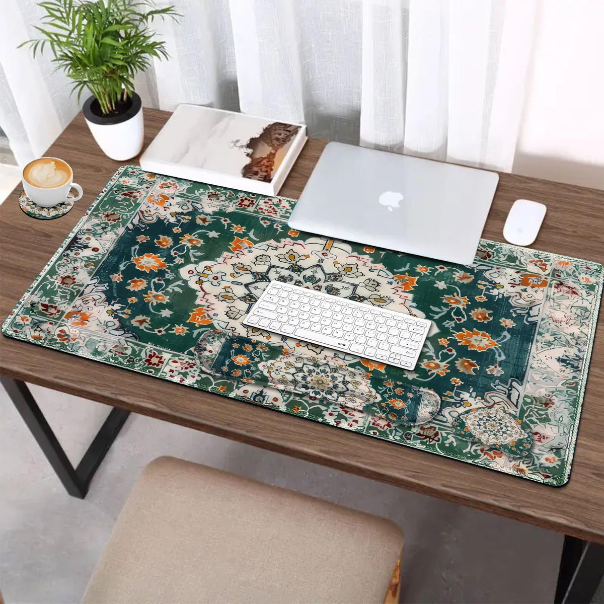 Desk Mat Set Large Mouse Pad + Mouse Wrist Rest + Keyboard Wrist Support + Coaster (Retro Boho Art)