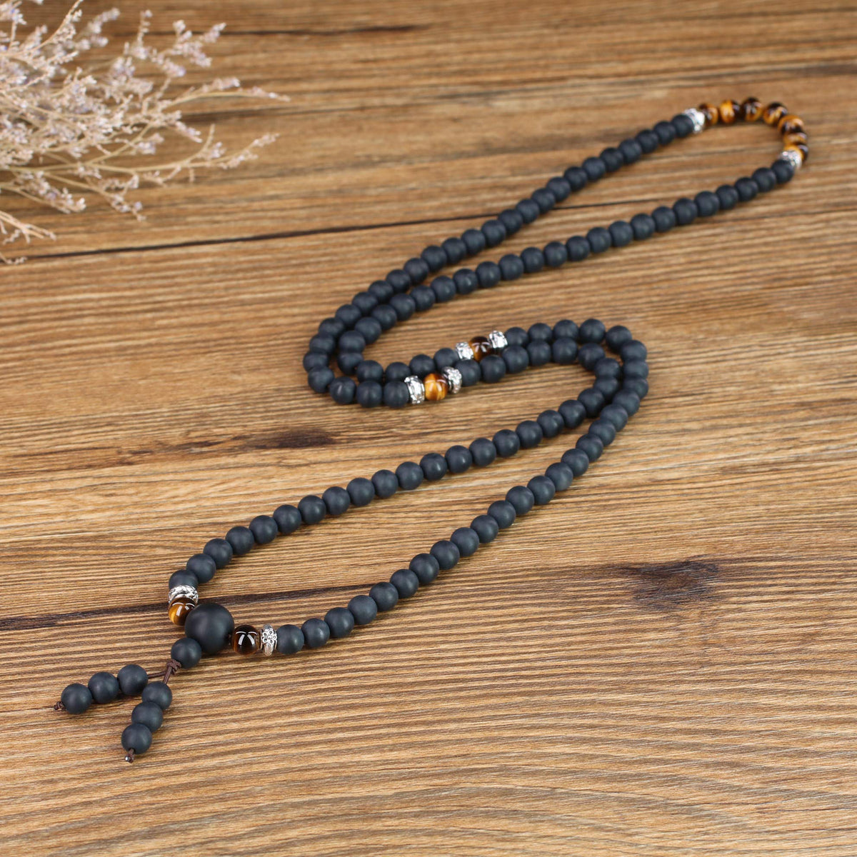 AmorWing 108 Mala Beads Brown Tiger Eye Matte Onyx Semi Precious Stone Bracelet Necklace (Tiger Eye)