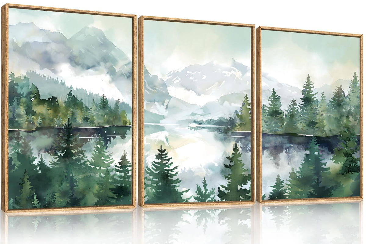 Watercolor Mountain Forest Framed Canvas Wall Art Set (Watercolor Mountain Wall Art / 24"L x 36"W)