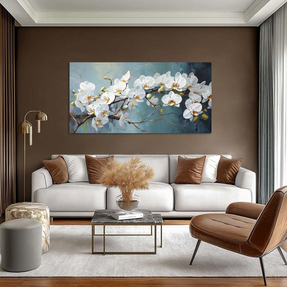 White Orchid Canvas Wall Art Floral Branch Painting Light Blue Background Flat Print Gallery Wrapped Botanical Artwork for Living Room Bedroom Bathroom Decor (Mysterious / White Orchid Blossom 30 / 58"L x 28"W)