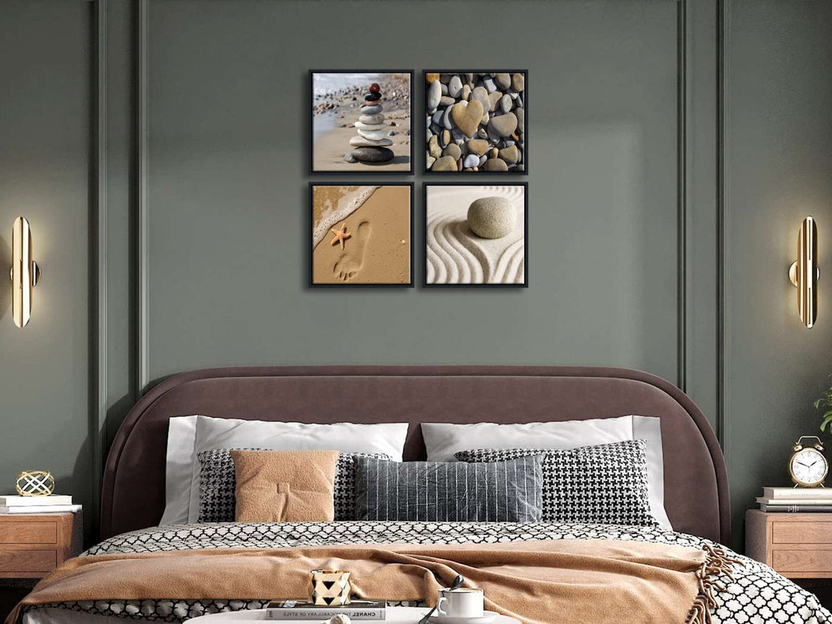 4 Pieces Black Framed Romantic Beach & Ocean Canvas Prints (12x12inchx4pcs (Framed))