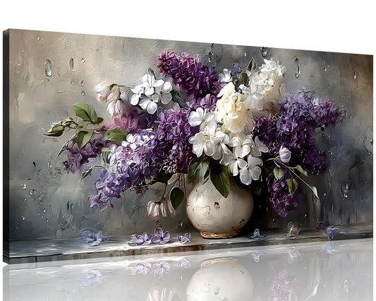 1 Panel Purple Wall Art Purple Pictures Floral Canvas Prints Paintings Vintage Vase Flowers Pictures Wall Decor Living Room Bathroom Kitchen Farmhouse Decor Ready to Hang 8x16 Inches (16"L x 8"W / Purple Flower 14)