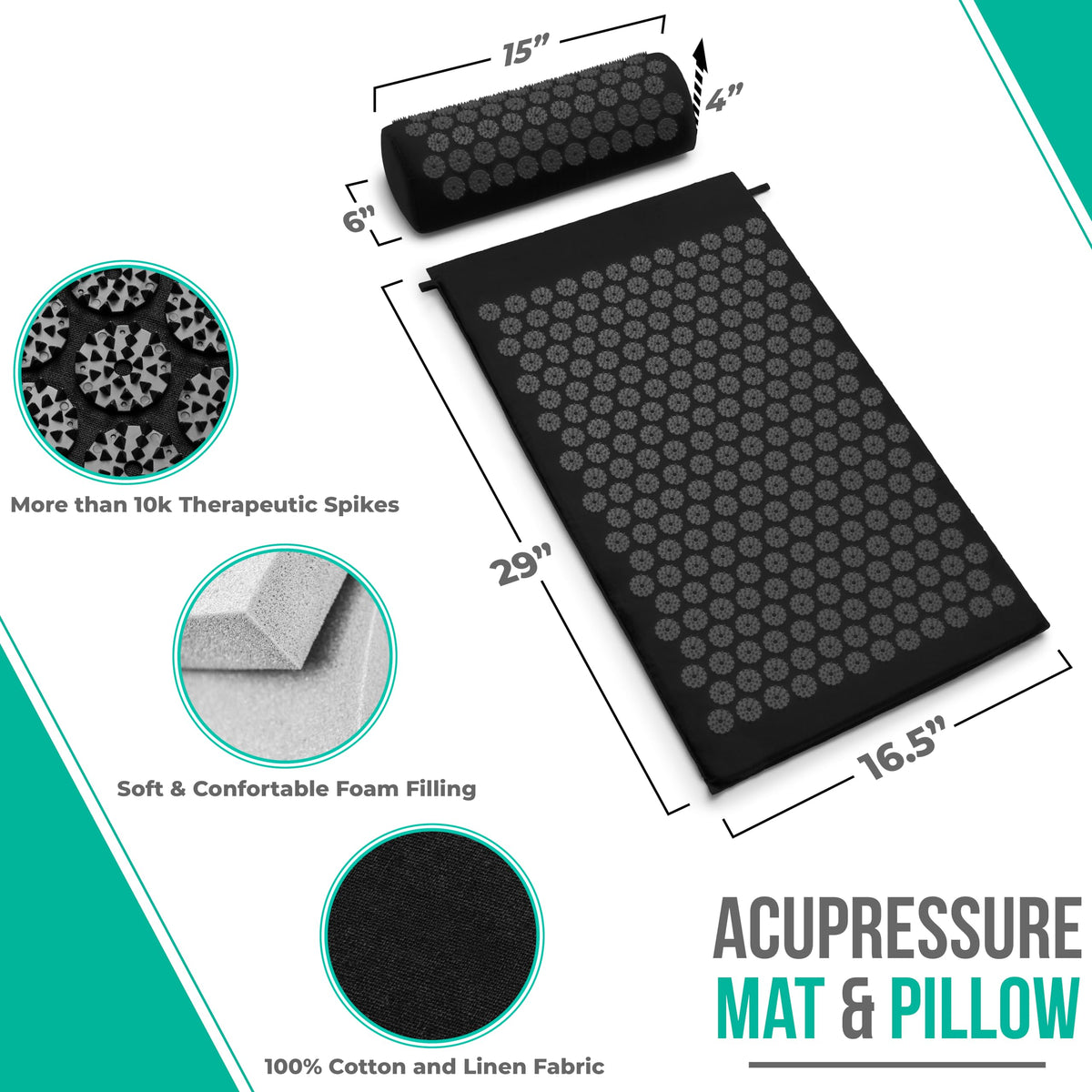 Sivan Acupressure Mat & Pillow Set for Back & Neck (Black/Black / Large)