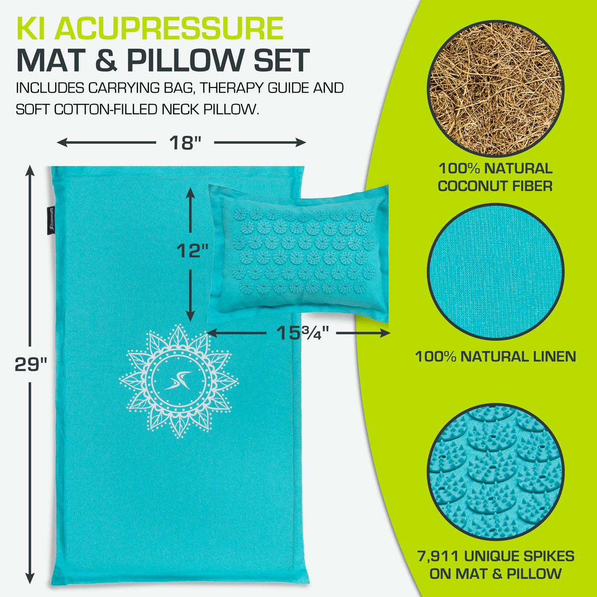 Fit Ki Acupressure Mat and Pillow Set with 100% Natural Linen for Back (Bahama Blue)
