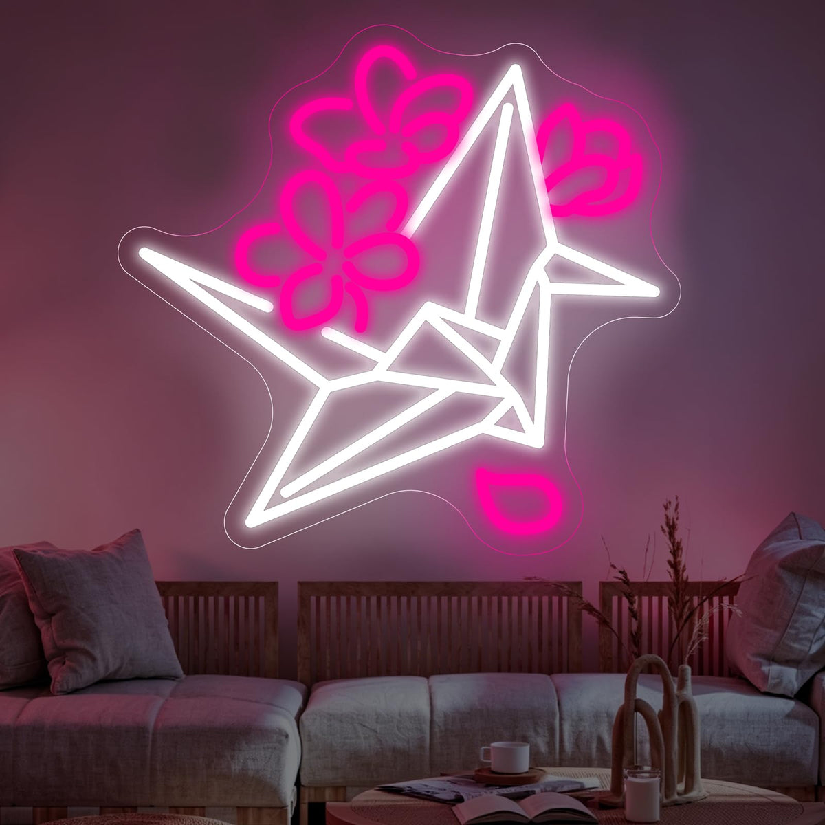 Origami Paper Crane Neon Sign for Bedroom Japanese Floral Zen Wall Decor (Origami Crane)