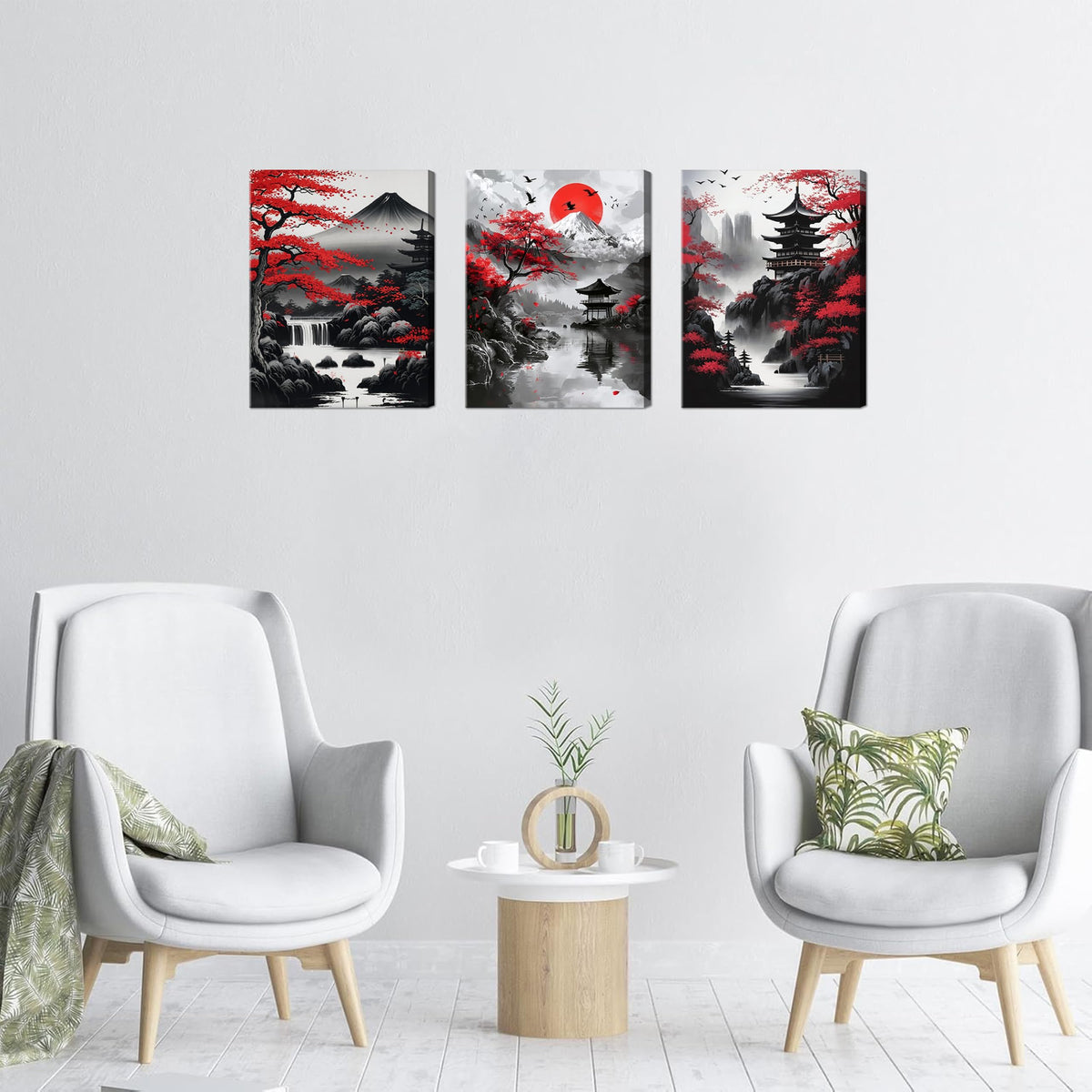 Japanese Wall Art Set of 3 (Black / 16"L x 12"W)