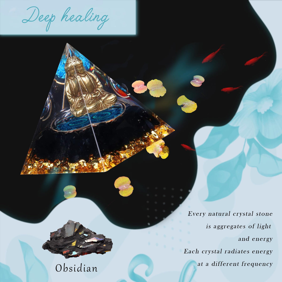 Little Buddha Statue in Healing Crystal Organite Pyramid (Black / Large)