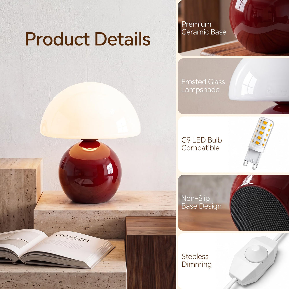 Mushroom Lamp Table Lamp for Bedroom (Wine Red)